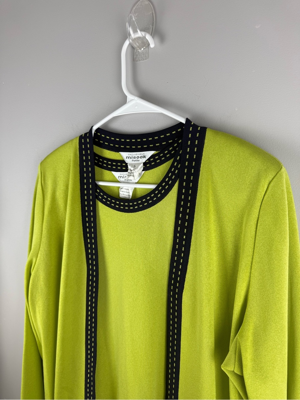 Misook Women’s Lime Green Black Open Front Cardigan Tank Top Matching Set SZ L